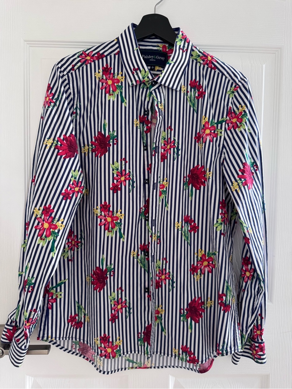 Paisley & Gray Navy and White Stripe Shirt with Pink Floral Print